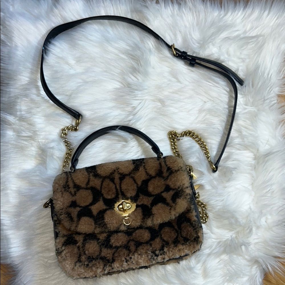 Coach Jennifer Lopez Marlie Top Handle Satchel Monogram Shearling Crossbody Bag